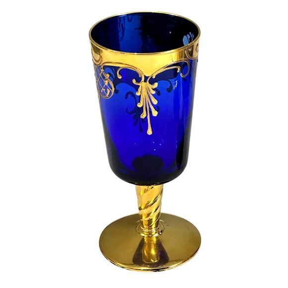 Tre Fuochi Venetian Murano Cobalt Blue Enameled and 24K Gold Decanter+6 Goblets - Picture 8 of 12